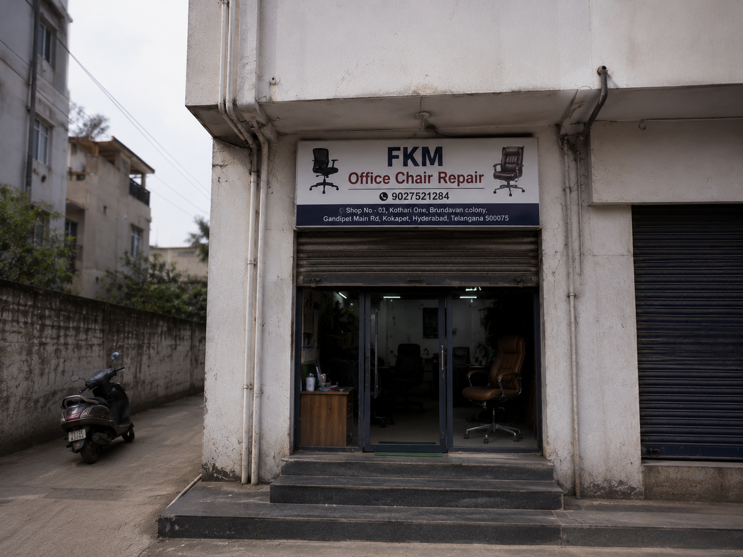 FKM Office Chair Repair workshop storefront on Gandipet Main Road, Kokapet, Hyderabad